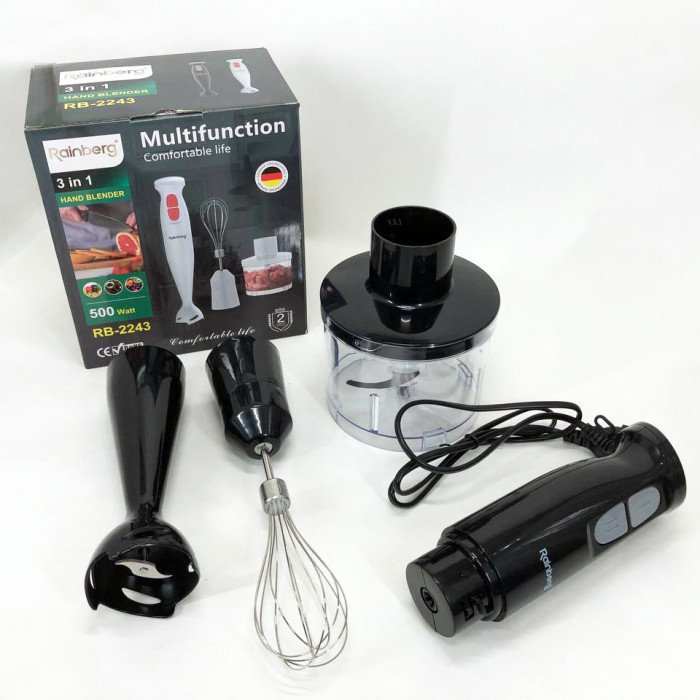 Блендер 3в1 Rainberg RB-2243 500W занурювальний блендер подрібнювач, блендер для дитячого пюре. Колір: чорний