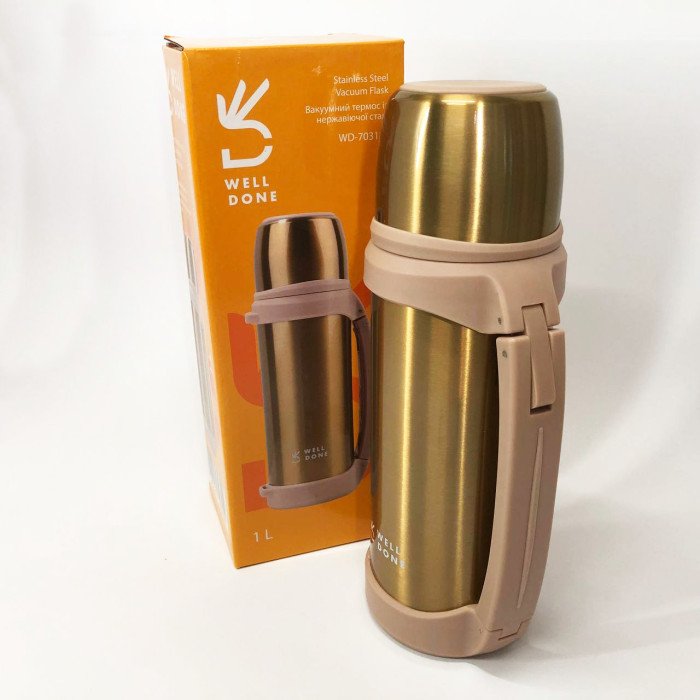 Термос вакуумний 1 л Well Done WD-7031D, Термос для спортсменів, Термос для води. Колір: коричневий