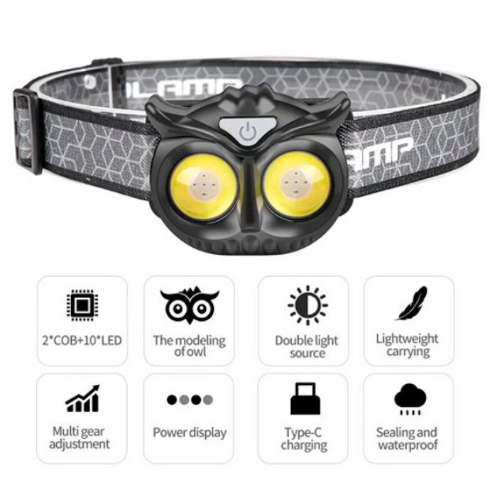 Ліхтар налобний WT208 2COB, білий, червоний, Налібний ліхтарик з usb зарядкою, Водонепроникний ліхтарик