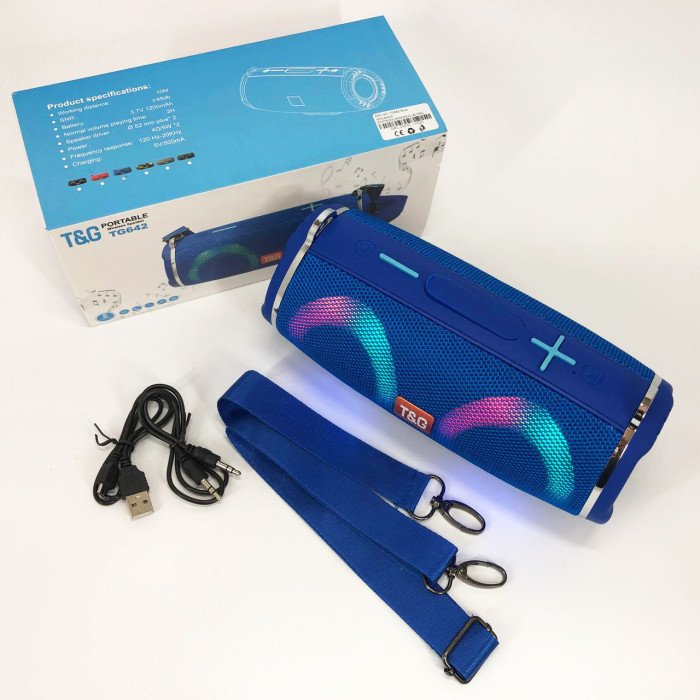 Портативна колонка TG642 з RGB підсвічуванням та ремінцем, акумуляторна колонка для музики. Колір: синій