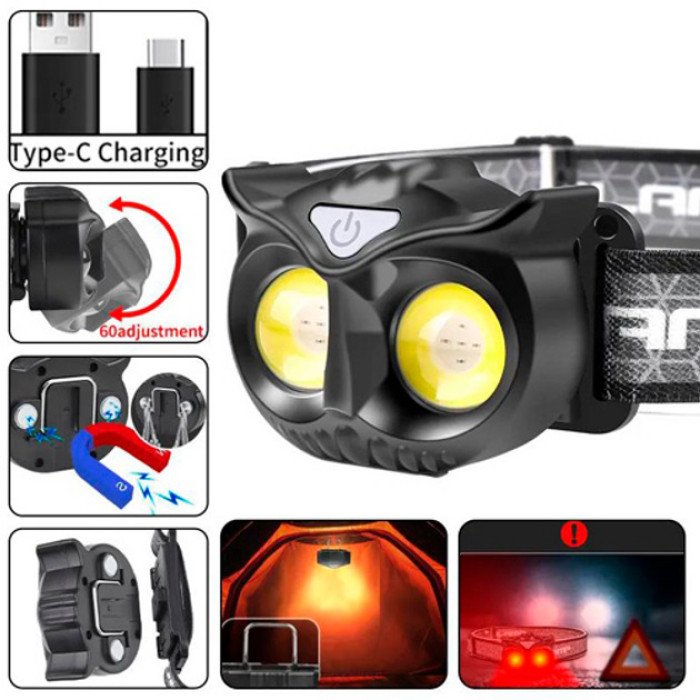 Ліхтар налобний WT208 2COB, білий, червоний, Налібний ліхтарик з usb зарядкою, Водонепроникний ліхтарик