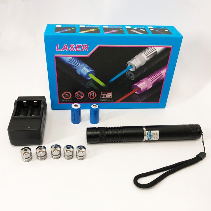 Лазерна указка синій лазер YX-B008 10000mW (5 насадок), Надпотужна лазерна указка. Колір: чорний