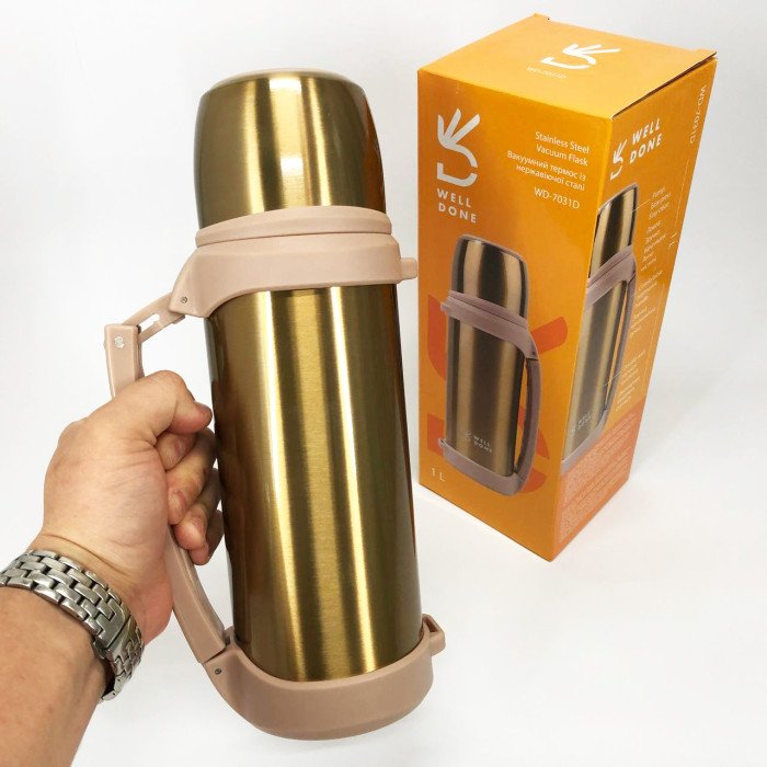 Термос вакуумний 1 л Well Done WD-7031D, Термос для спортсменів, Термос для води. Колір: коричневий