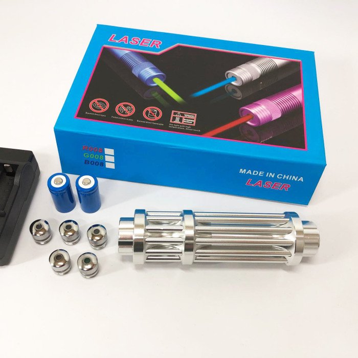 Потужна лазерна указка YX-B017, синій промінь, 5 насадок, акумулятор 2х16340, надпотужна лазерна указка