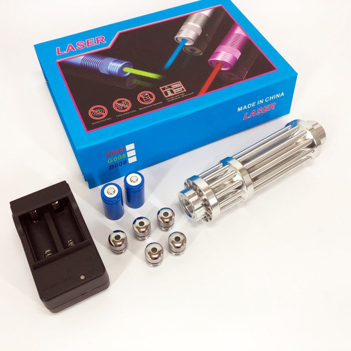 Потужна лазерна указка YX-B017, синій промінь, 5 насадок, акумулятор 2х16340, надпотужна лазерна указка