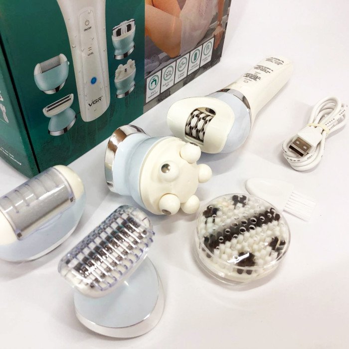 Епілятор жіночий з триммером VGR V-703 5в1 для видалення волосся на тілі акумуляторна пемза масажна насадка