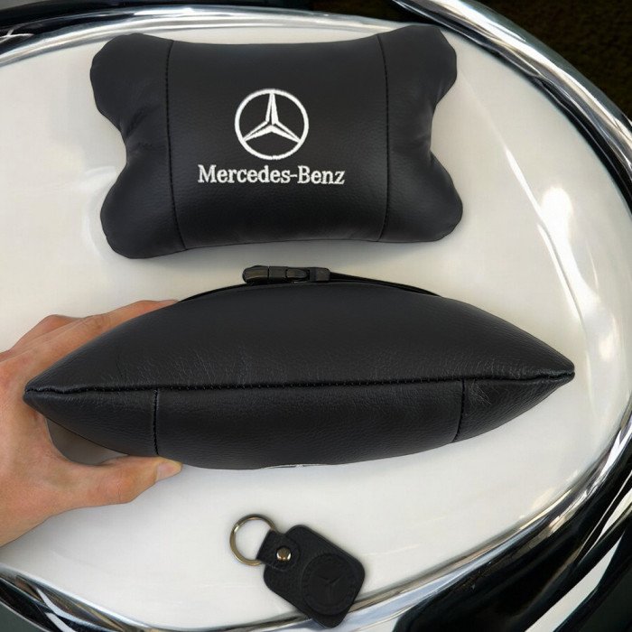 Набір Мерседес 2шт, натуральна шкіра, подушки на підголівник для авто з логотипом Mercedes-Benz