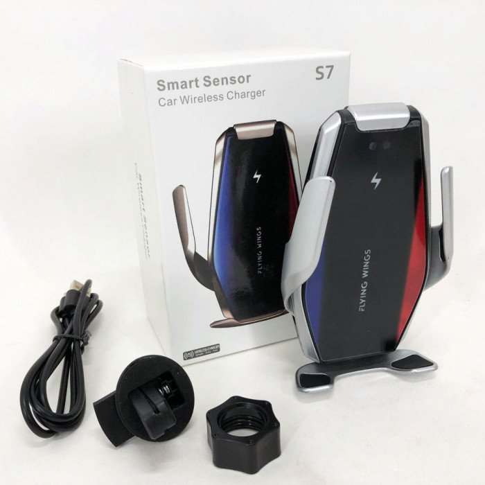 Автомобільний тримач S7 для телефону з бездротовим швидким заряджання flying wings. Колір: срібний