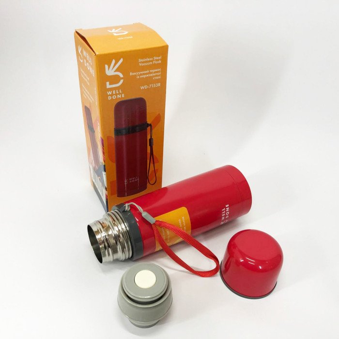Термос вакуумний Well Done WD-7153R 350 мл, Якісний термос для дому, для напоїв. Колір: червоний