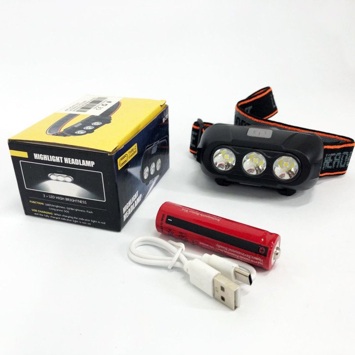 Ліхтар налобний акумуляторний KX-214-3LED, потужний світлодіодний ліхтарик на голову водонепроникний