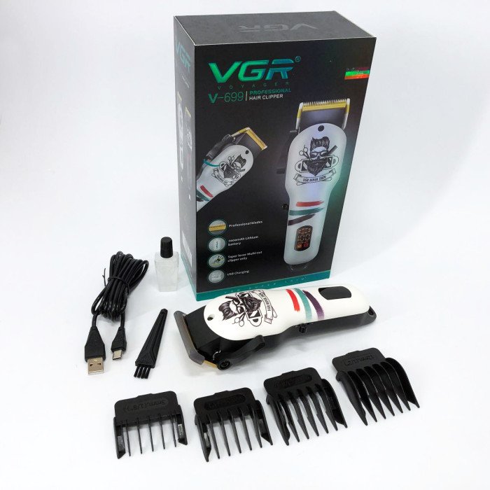 Машинка для стрижки волосся та бороди професійна VGR V-699 B з насадками та LED дисплеєм. Колір: білий