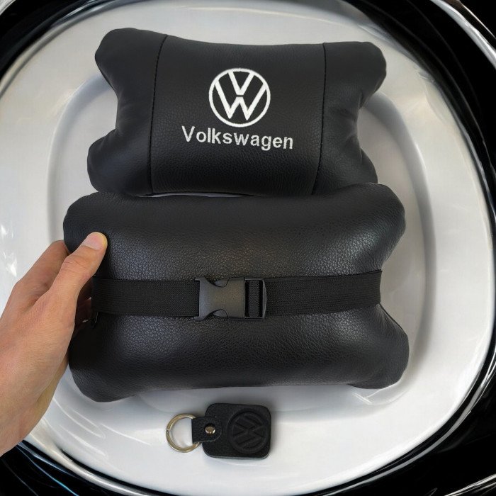 Набір подушок 2шт в авто Volkswagen з натуральної шкіри, на підголовник у машину, Автомобільна  подушка