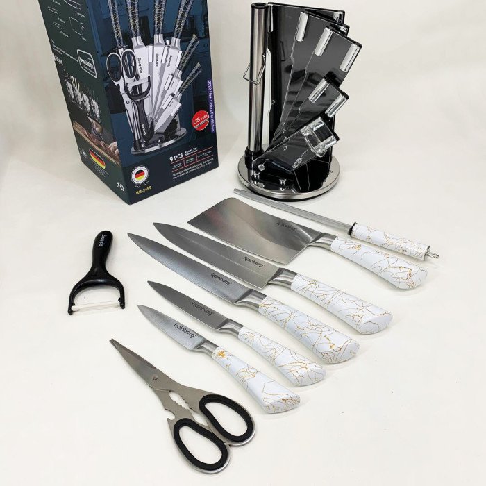 Набір кухонних ножів Rainberg RB-2499 8 предметів на підставці, що обертається White
