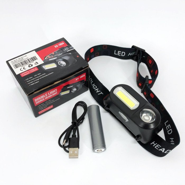 Ліхтар налобний 1804-XPE+COB на акумуляторі, Ліхтар акумуляторний для риболовлі, Ліхтарик налобний потужний