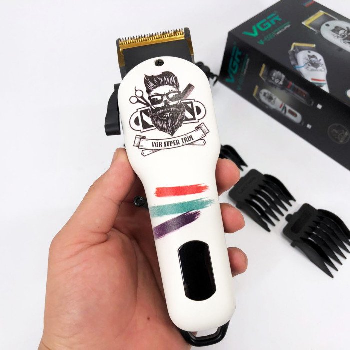 Машинка для стрижки волосся та бороди професійна VGR V-699 B з насадками та LED дисплеєм. Колір: білий