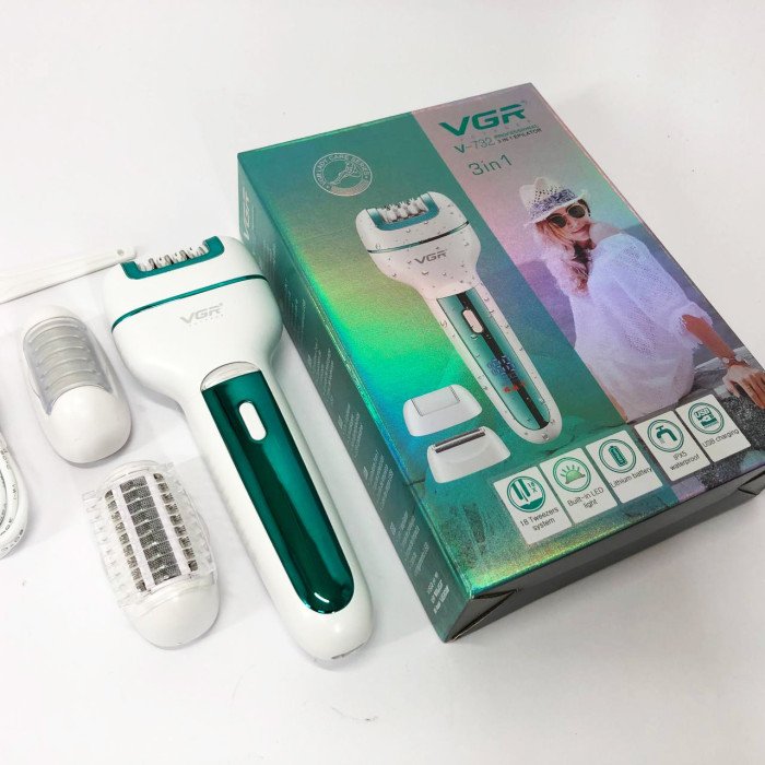 Жіночий бездротовий епілятор 3в1 VGR V-732 для ніг та зони бікіні з підсвічуванням та дисплеєм. Колір: зелений