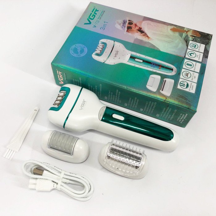 Жіночий бездротовий епілятор 3в1 VGR V-732 для ніг та зони бікіні з підсвічуванням та дисплеєм. Колір: зелений
