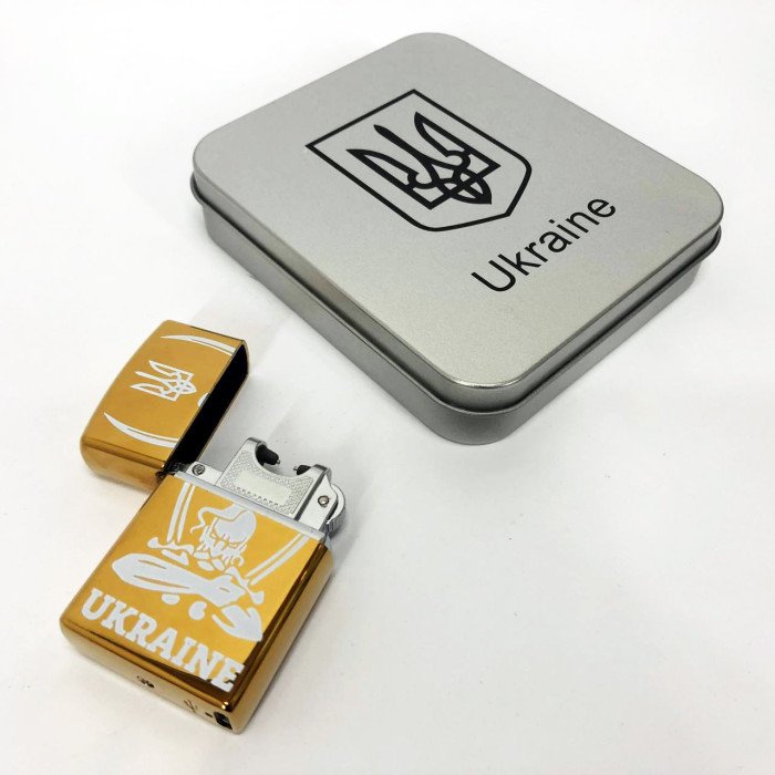 Дугова електроімпульсна запальничка USB Україна (металева коробка) HL-449. Колір: золотий