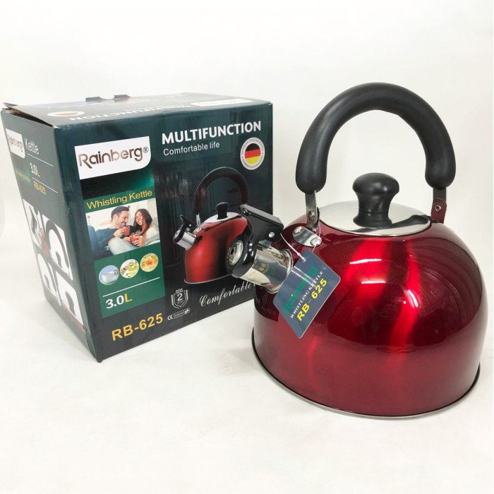 Чайник Rainberg RB-625 з нержавіючої сталі зі свистком 3л, гарний чайник зі свистком. Колір: червоний