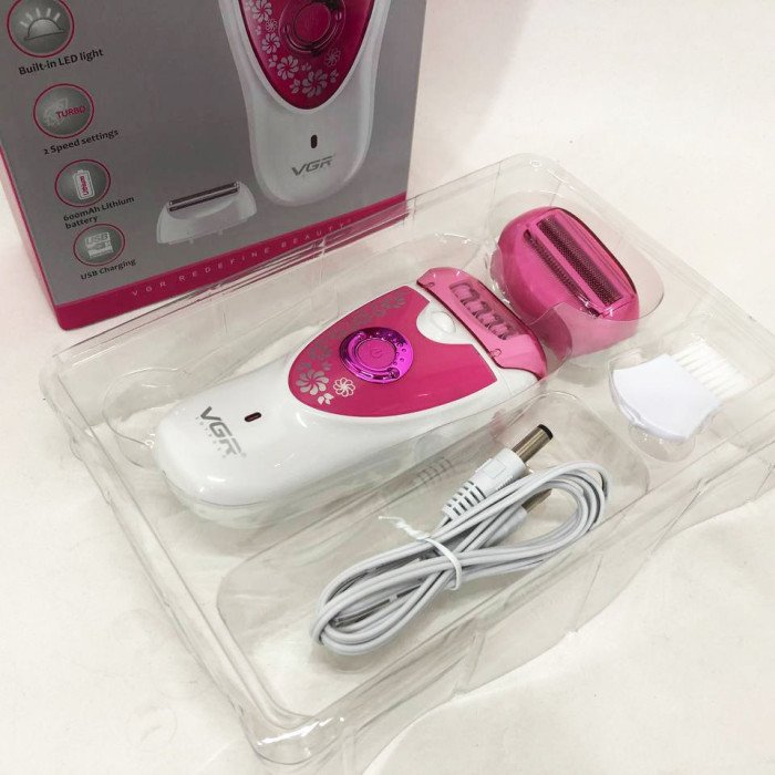 Епілятор VGR V-722 акумуляторний 2 швидкості 32 пінцети з насадками. Колір: рожевий