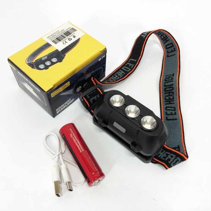 Ліхтар налобний акумуляторний KX-214-3LED, потужний світлодіодний ліхтарик на голову водонепроникний