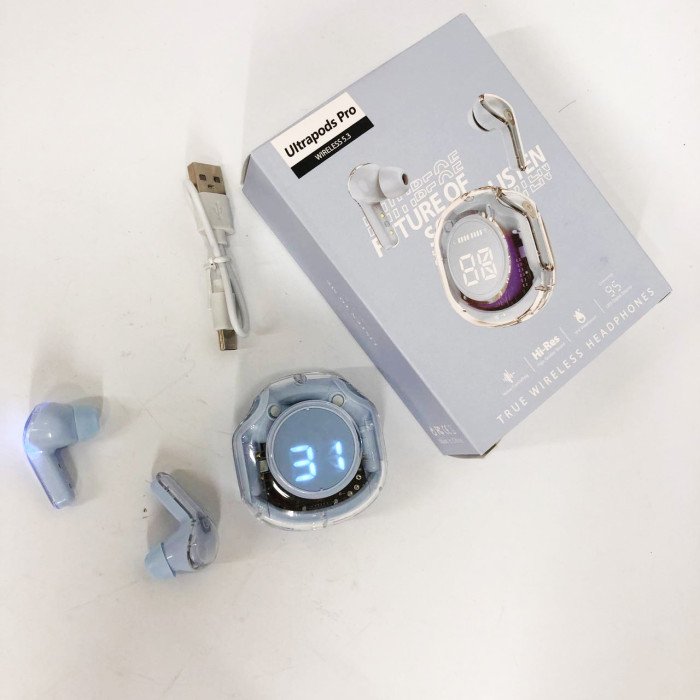 Бездротові навушники TWS T8 PRO з прозорим кейсом Вакуумний LED дисплей Bluetooth 5.3. Колір: блакитний