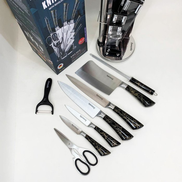 Набір кухонних ножів Rainberg RB-2499 8 предметів на підставці, що обертається Black
