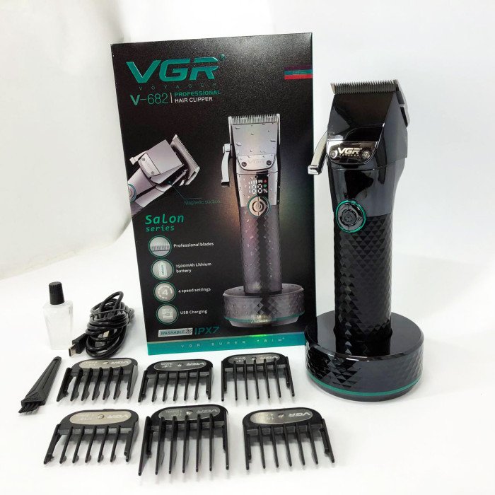 Професійна бездротова машинка для стрижки VGR V-682 тример для волосся, бороди та вусів на підставці