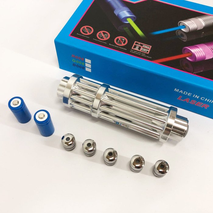 Потужна лазерна указка YX-B017, синій промінь, 5 насадок, акумулятор 2х16340, надпотужна лазерна указка