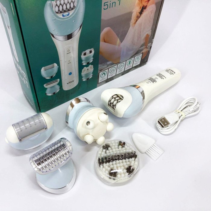 Епілятор жіночий з триммером VGR V-703 5в1 для видалення волосся на тілі акумуляторна пемза масажна насадка