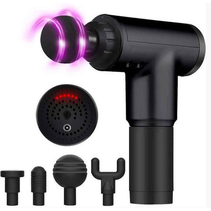 Акумуляторний масажер Fascial Gun KH-320 портативний ручний ударний м'язовий пістолет 4 насадки чорний