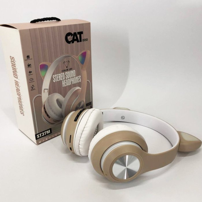 Навушники накладні бездротові ST37M зі котячими вушками, що світяться. Колір: золотий