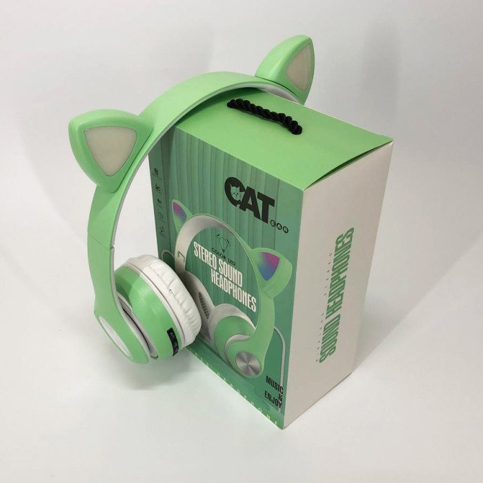 Навушники накладні бездротові ST37M зі котячими вушками, що світяться. Колір: зелений