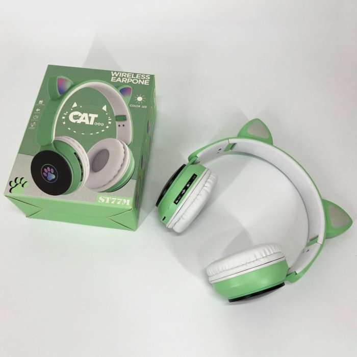 Бездротові навушники ST77 LED з котячими вушками, що світяться. Колір: зелений