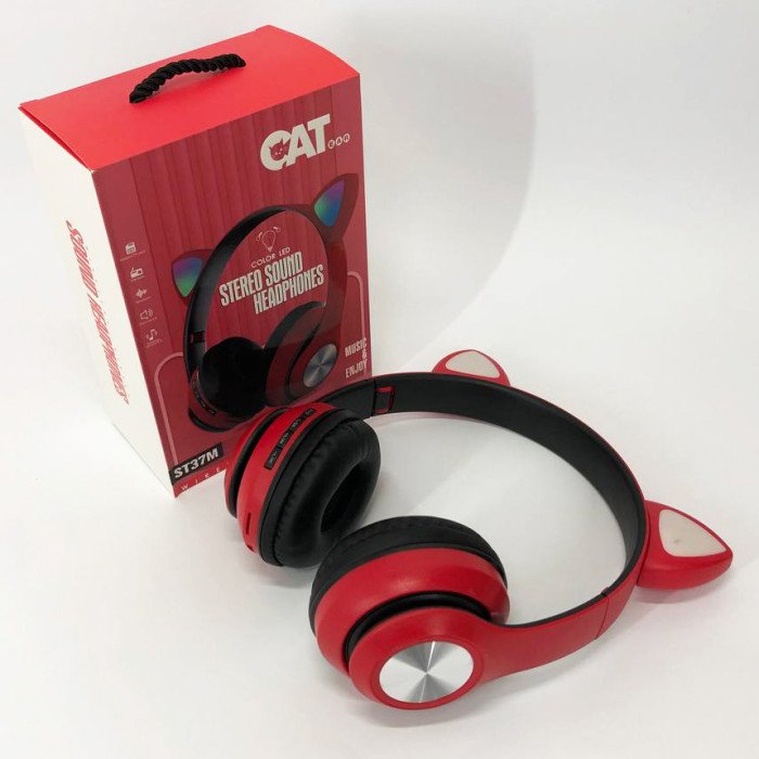 Навушники накладні бездротові ST37M зі котячими вушками, що світяться. Колір: червоний