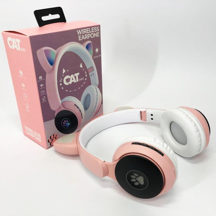Бездротові навушники ST77 LED з котячими вушками, що світяться. Колір: рожевий