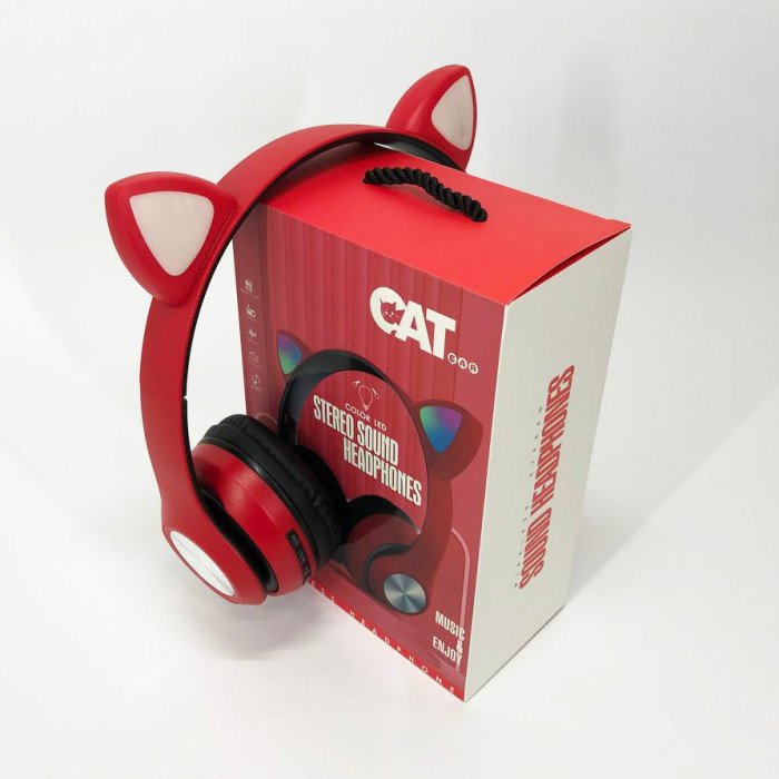 Навушники накладні бездротові ST37M зі котячими вушками, що світяться. Колір: червоний