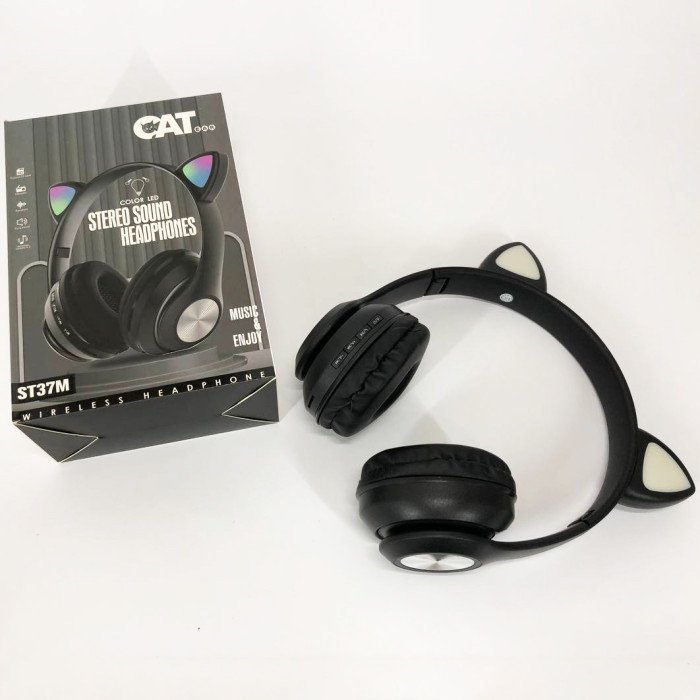 Навушники накладні бездротові ST37M зі котячими вушками, що світяться. Колір: чорний