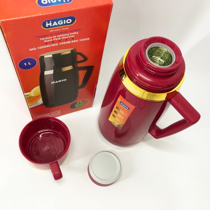 Термос Magio MG-1050R зі скляною колбою, Термос для питної води, Термос із нержавіючої сталі. Колір: червоний