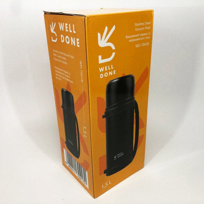 Термос вакуумний Well Done WD-7041B 1.5 літра, Термос для дитини до школи. Колір: чорний