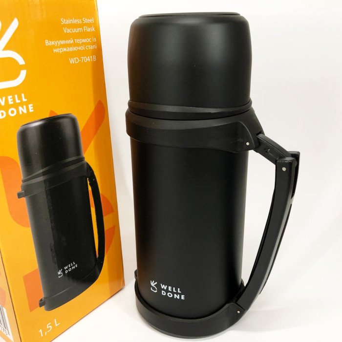 Термос вакуумний Well Done WD-7041B 1.5 літра, Термос для дитини до школи. Колір: чорний