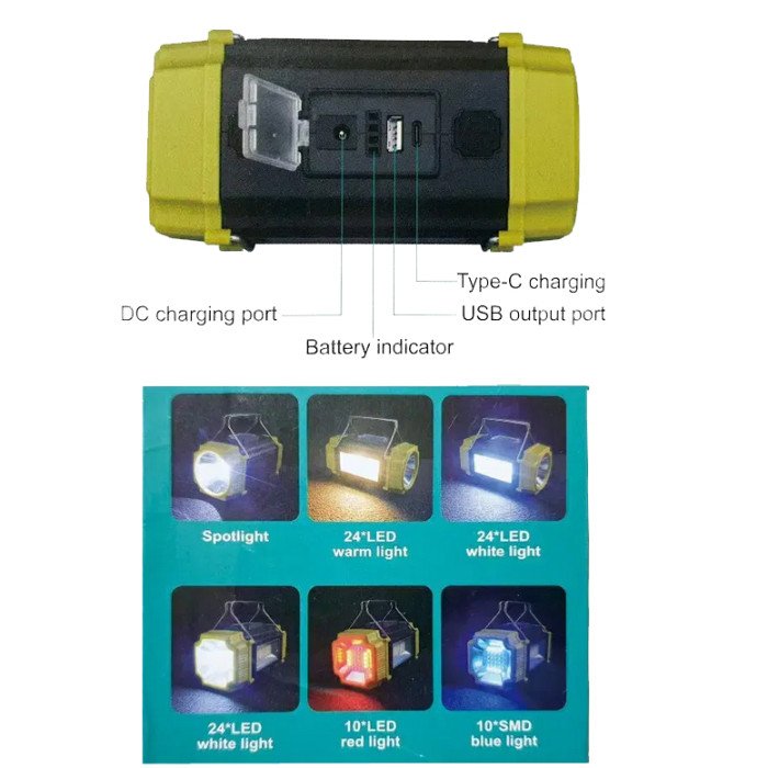 Ліхтар переносний LS-228-LED WHITE+RED+BLUE+YELLOW, Ліхтар для кемпінгу з вбудованим зарядним пристроєм