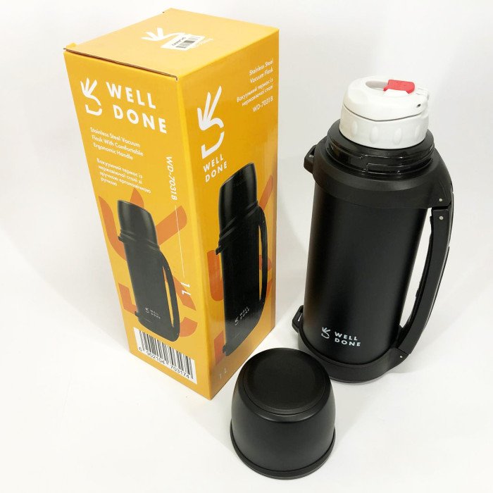 Термос вакуумний 1л Well Done WD-7031B, Термос для кави, Термос похідний. Колір: чорний