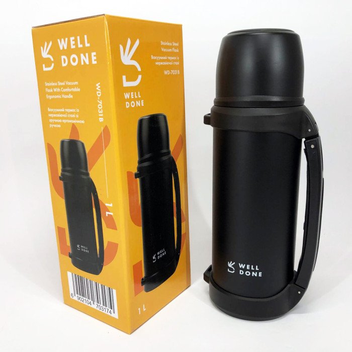 Термос вакуумний 1л Well Done WD-7031B, Термос для кави, Термос похідний. Колір: чорний