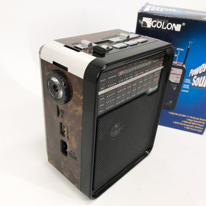 Радіоприймач GOLON RX-9100 USB+SD Радіо з ліхтарем, Ретро радіо, FM передавач. Колір: коричневий