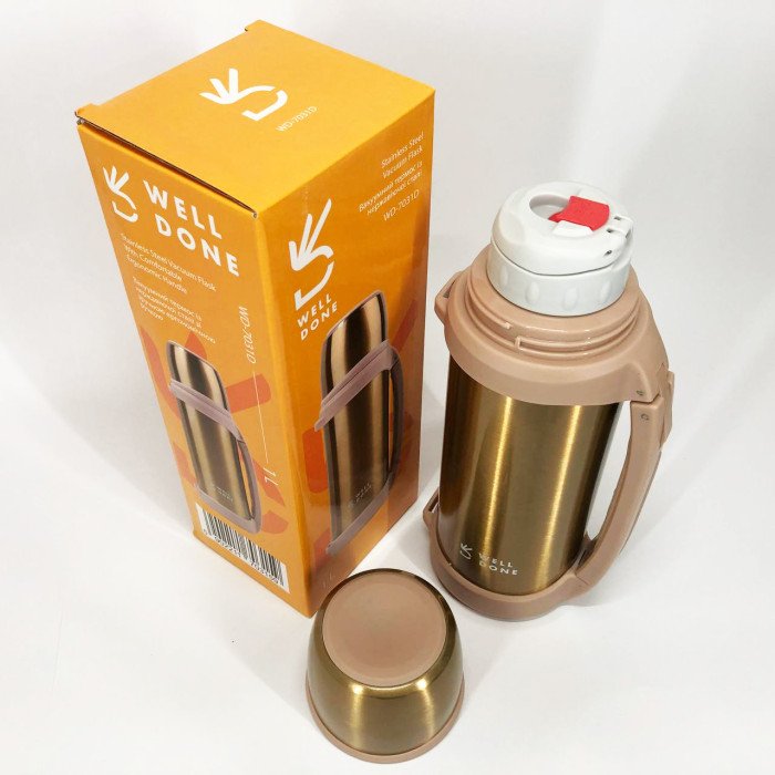 Термос вакуумний 1 л Well Done WD-7031D, Термос для спортсменів, Термос для води. Колір: коричневий
