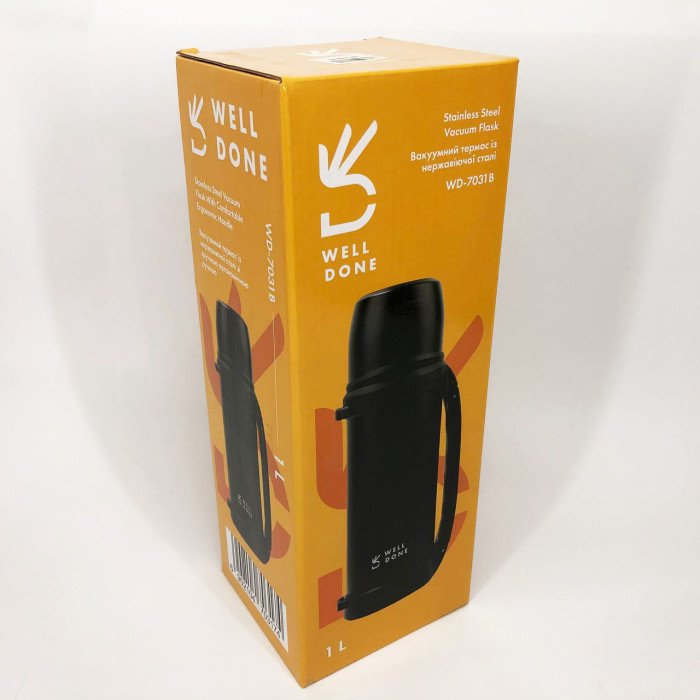 Термос вакуумний 1л Well Done WD-7031B, Термос для кави, Термос похідний. Колір: чорний