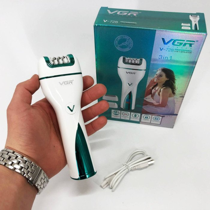 Епілятор акумуляторний жіночий 3 в 1 VGR V-728 Бездротовий електроепілятор пемза бритва для ніг і рук