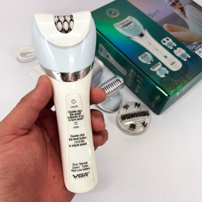 Епілятор жіночий з триммером VGR V-703 5в1 для видалення волосся на тілі акумуляторна пемза масажна насадка