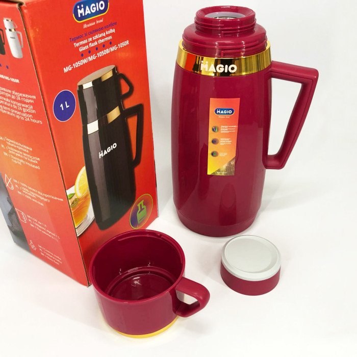 Термос Magio MG-1050R зі скляною колбою, Термос для питної води, Термос із нержавіючої сталі. Колір: червоний